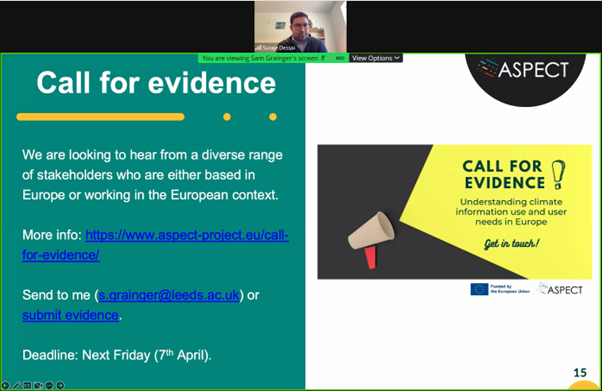 Thanks @SamEGrainger for updating us on the premliniary results of the review of #userneeds and use of #climateinformation in #Europe @climateurope2 #Webstival!

You can contribute this work through our #callforevidence here: bsc3.typeform.com/to/KUqTK033