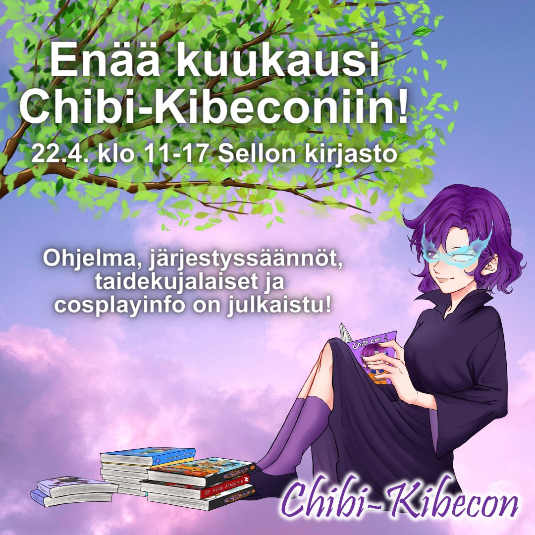 Enää kuukausi Chibi-Kibeconiin 22.4! Julkaisimme ohjelman, järjestyssäännöt, taidekujailijat ja cosplayinfon. Lue lisää nettisivultamme ja tästä kibecon.com/chibikibecon/. #countdown #kirjastocon #manga #tervetuloa