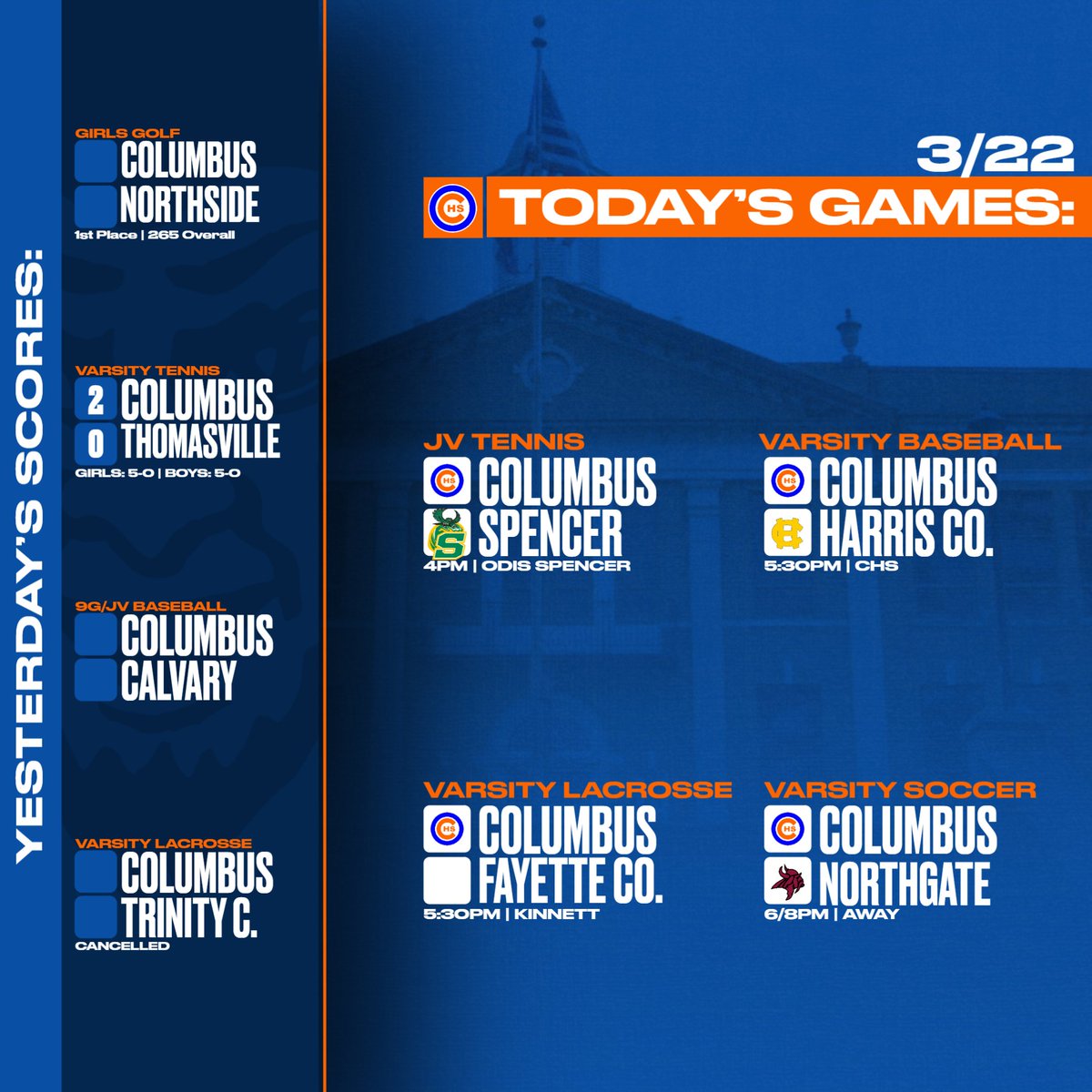 3/22 | Take a look at today's games and yesterday's scores! Go Blue Devils! #WeAreColumbusHS #BlueHell