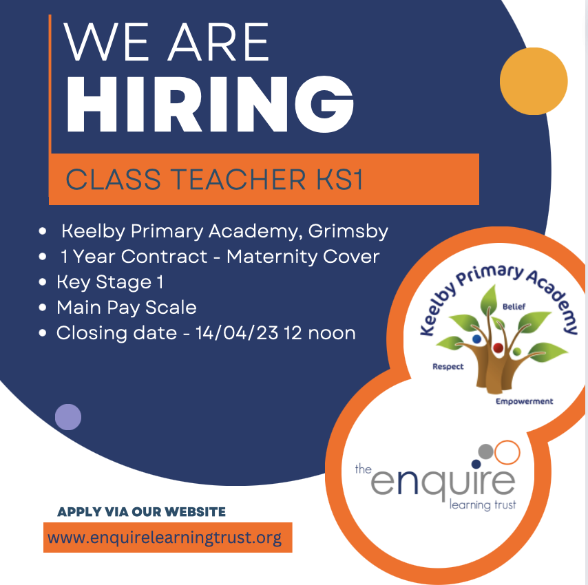 EnquireTrust's tweet photo. 💥We are looking for a KS1 Class Teacher to join The Enquire Learning Trust🧡 

Interested? Or know someone who might be? Please Share!

📍Keelby Primary Academy, Grimsby 
🗓️14th April 2023, 12noon

More information and application can be found here - https://t.co/xFiKJduOsw https://t.co/luqnybkq7P