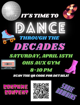 ShawnnaMWilson's tweet photo. All 9-12 students are invited to attend the LAST dance of the year before Prom! Students can wear costumes from their favorite decade (contest!), and the first 50 students in attendance get a party favor! See details below. #dancingthroughthedecades @OzarkHS @OzarkTigers https://t.co/yFVPEsoRys