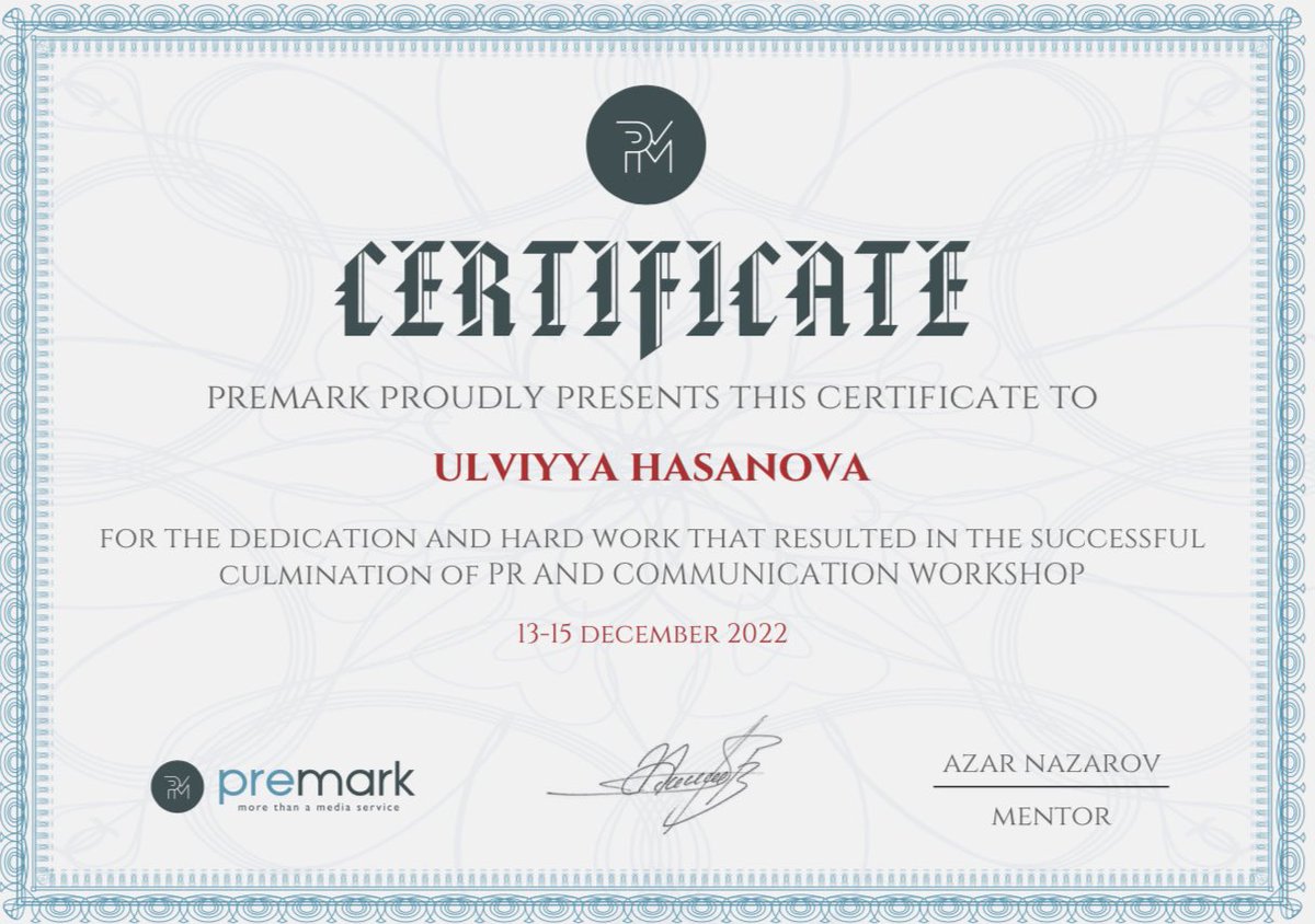UlviyyaHass's tweet image. Axır ki, sertifikatım gəlib çıxdı:))) #Premark #prworkshop #communicationworkshop