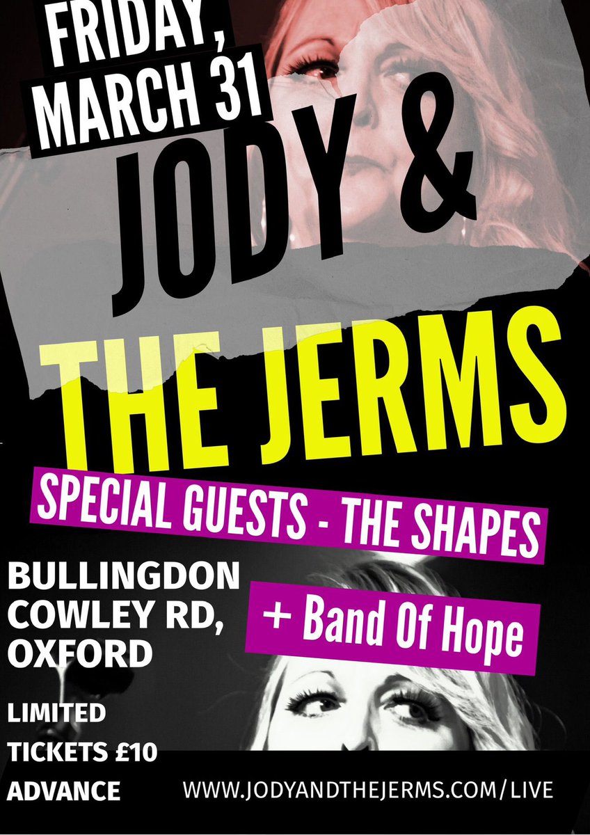 Next gig for @jodyandthejerms @TheBullingdon Friday 31st March. Special guests - @ShapesOxford & @Band_of_Hope Tickets  jodyandthejerms.com/live #jodyandthejerms #clarkymusic #theshapes #bandofhope #oxford #oxfordmusic #oxfordmusicscene #oxfordmusicians #wallingford #ukindieband