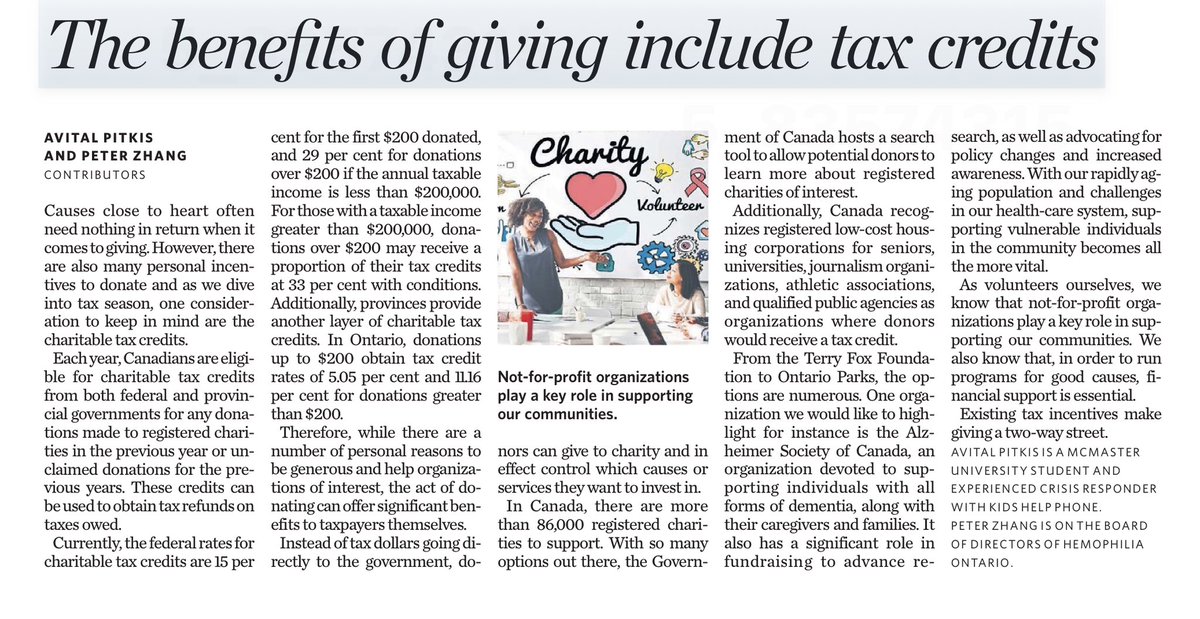 This is a bizarre (but, nice I guess) nonsensical article in the <a href="/TorontoStar/">Toronto Star</a> about donations and tax credits thestar.com/opinion/contri… 

If it intrigues any actual tax-minded givers, may I humbly suggest  donorsguide.ca/pdf/2022/AdamA… by <a href="/Aaptowitzer/">Adam Aptowitzer</a> of <a href="/KPMG_Canada/">KPMG Canada</a> in <a href="/DonorsGuide/">CanadianDonorsGuide</a>