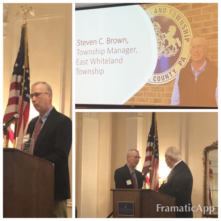C_J_Williams's tweet photo. Congrats to @eastwhiteland manager Steve Brown for receiving the Larry Boling Award for service in local govt at Chester County Chamber breakfast event @mcmahonassoc @BowmanCG https://t.co/Nvfv4KxwU9