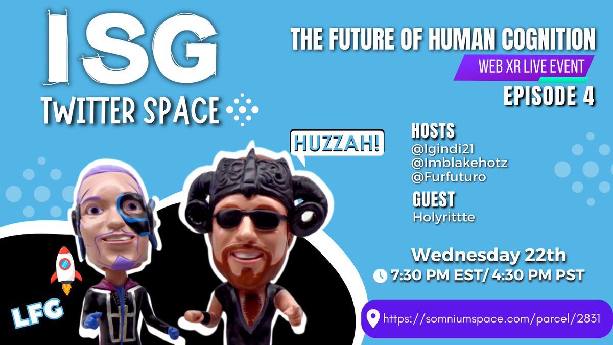 Set your reminder

7:30PM EST/ 4:30PM PST let's talk about The Future of Human Cognition with <a href="/holyrittte/">Nestor Caro</a>

Join live on x.com/i/spaces/1mrGm… 

or use Web XR following the link somniumspace.com/parcel/2831

<a href="/igindi21/">Isaac Gindi</a> <a href="/imblakehotz/">BrotherBlake</a> @Furfuturo