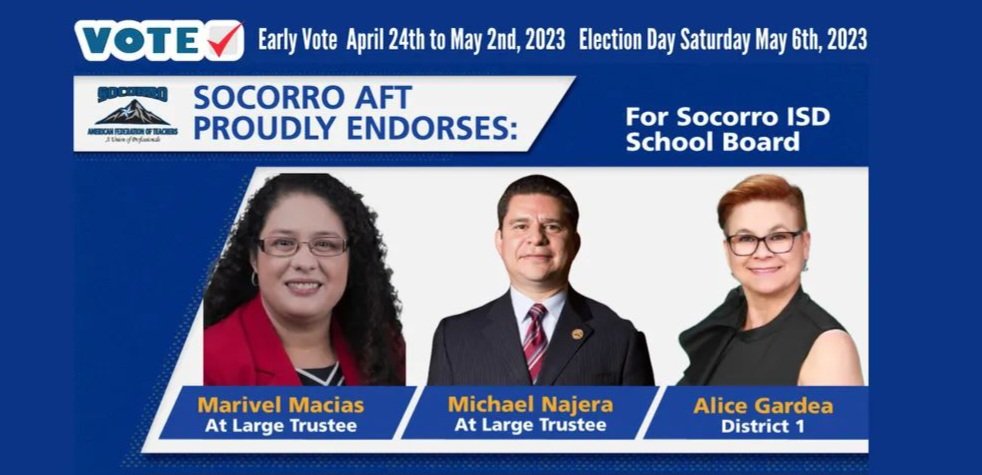 SOCORROAFT's tweet photo. When you go to the polls, think about who on your ballot is talking about respect for educators &amp; fully funding teacher salaries.

@SOCORROAFT COPE Committee proudly endores the following @SocorroISD Anti-Charter School Candidates 

Our Schools Are NOT for Sale!

#VoteInMay2023 https://t.co/WbCmUFLqbZ