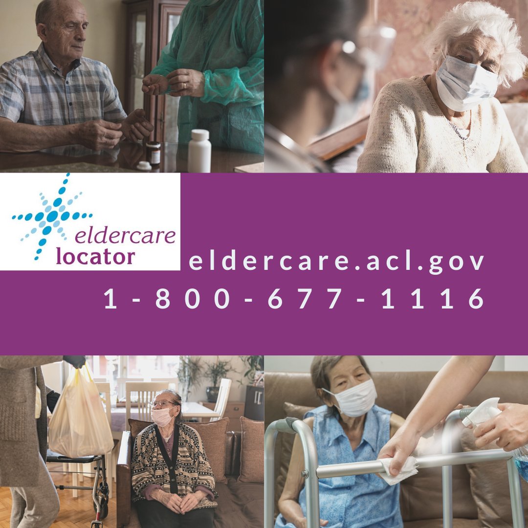 EldercareLoc's tweet photo. The Eldercare Locator is a federally funded hotline and website providing information about #COVID19, #transportation, meals and in-home services and more—ensuring that #OlderAdults, #caregivers and families get the tools they need to live and #AgeWell. https://t.co/ZfHumE1Pqa https://t.co/GqCIDxxRCw
