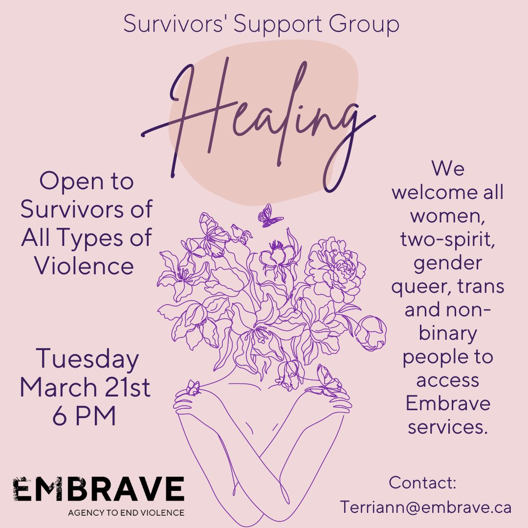 Embrave_ca's tweet photo. Tuesday March 21st at 6:00PM we’re hosting our 9th #OutofIsolation Survivors’ Meet Up with the topic of Healing. 

We will explore the healing process, factors that may impact your healing, and ways to support your process. Contact Terriann@embrave.ca to join! https://t.co/ou6L9boGlm