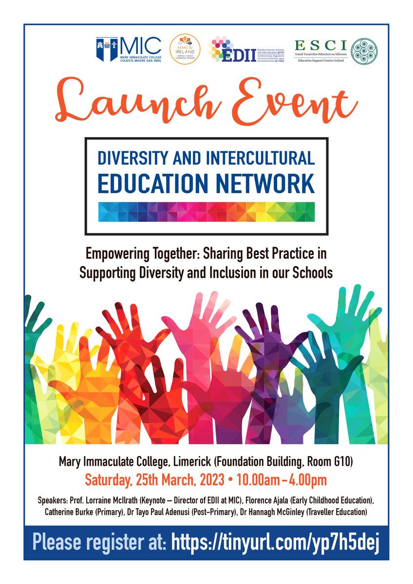 EDII_MIC (@edii_mic) on Twitter photo Diversity Network Launch <a href="/MICLimerick/">Mary Immaculate College (MIC)</a> this Sat, 25/03 at 10am. The aim of this network is to create a space for teachers with an interest in intercultural education and culturally sensitive pedagogy. All welcome! Further details and reg here: eventbrite.ie/e/diversity-an…
@LMcIlrath Diversity Network Launch <a href="/MICLimerick/">Mary Immaculate College (MIC)</a> this Sat, 25/03 at 10am. The aim of this network is to create a space for teachers with an interest in intercultural education and culturally sensitive pedagogy. All welcome! Further details and reg here: eventbrite.ie/e/diversity-an…
@LMcIlrath