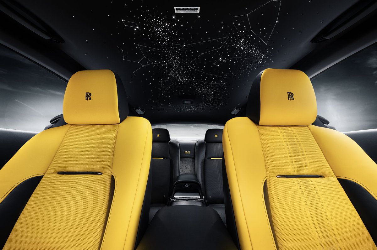 rollsroycecars's tweet photo. Casting a dramatic night’s-sky ambience over the interior suite, Black Badge Wraith Black Arrow’s Bespoke Starlight Headliner incorporates 2,117 fibre-optic ‘stars’ - the greatest number ever seen in a Rolls-Royce motor car.

#BespokeIsRollsRoyce https://t.co/q3b29ungPO
