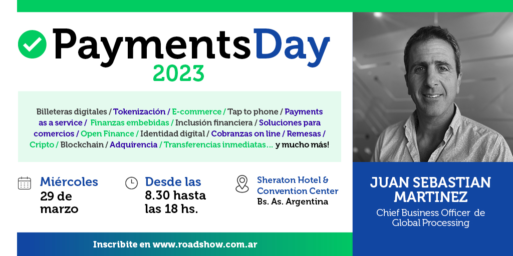 globprocessing's tweet photo. Vuelve #PaymentsDay2023 y estaremos presentes en este gran evento🚀 

Juan Sebastián Martínez (CBO) conversará junto al periodista @PabloWende en su ponencia "Global Processing: marcando tendencia en soluciones de medios de pago".

¡Gracias @RoadShowOk por la invitación!🙂 https://t.co/xlOMDcNI3e