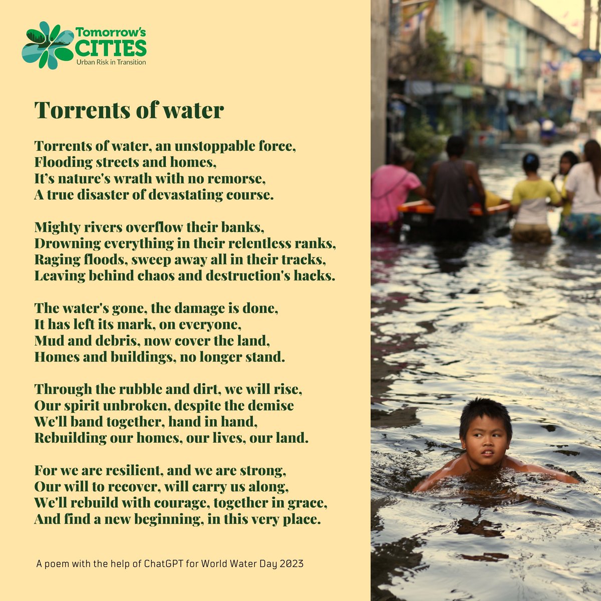 UrbanRiskHub's tweet photo. In this #WorldWaterDay2023 and celebrating yesterday's #WorldPoetryDay, #chatgpt helped drafting a poem about how our most precious resource, water, is also the cause of more than 45% of disasters! 
#DisasterRiskReduction #TomorrowsCities https://t.co/JkwyUIDRAe