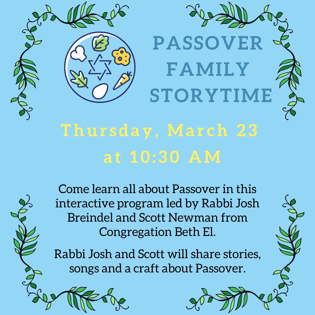 GoodnowLibrary's tweet image. Instead of Tales for Three &amp;amp; Up, join us tomorrow at 10:30 am for Passover Family Storytime! Rabbi Josh and Scott from Congregation Beth El will share stories, songs and a craft about Passover.