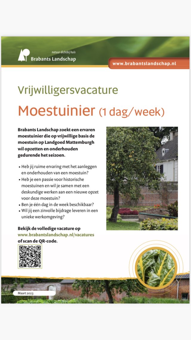 Ben jij een ervaren ‘moestuinier’ en lijkt het je leuk om #vrijwilliger te worden op het prachtige landgoed #Mattemburgh? Dit is je kans! : brabantslandschap.nl/vacatures/moes…