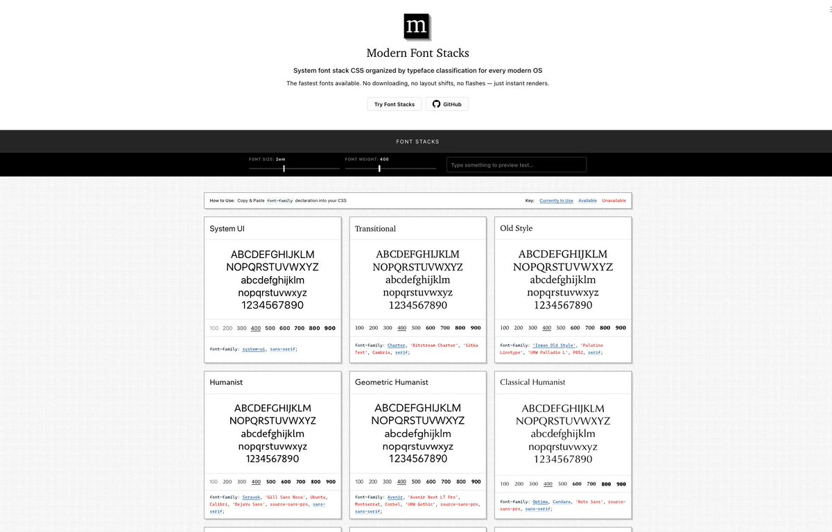 WalterStephanie's tweet image. Modern Font Stacks (buff.ly/3lbwIlP): a list of system fonts you can use for the web, as in “fonts available on most people’s devices”. This brings me back to the “websafe font” area, before we had font-face. Cufon anyone? 
#Typography #WebFont