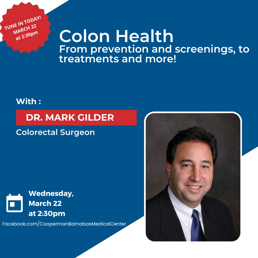 CBMCNJ's tweet photo. Join us as we sit down with #colorectalsurgeon, Dr. Mark Gilder, for a special discussion about #colorectalcancer! Today, 3/22 at 2:30pm. https://t.co/cSK5QTgJYn #LetsBeatCancerTogether #colorectalcancer #colonoscopy #colonscreening #prevention #colorectalcancerawarenessmonth https://t.co/q9vouPR6aj