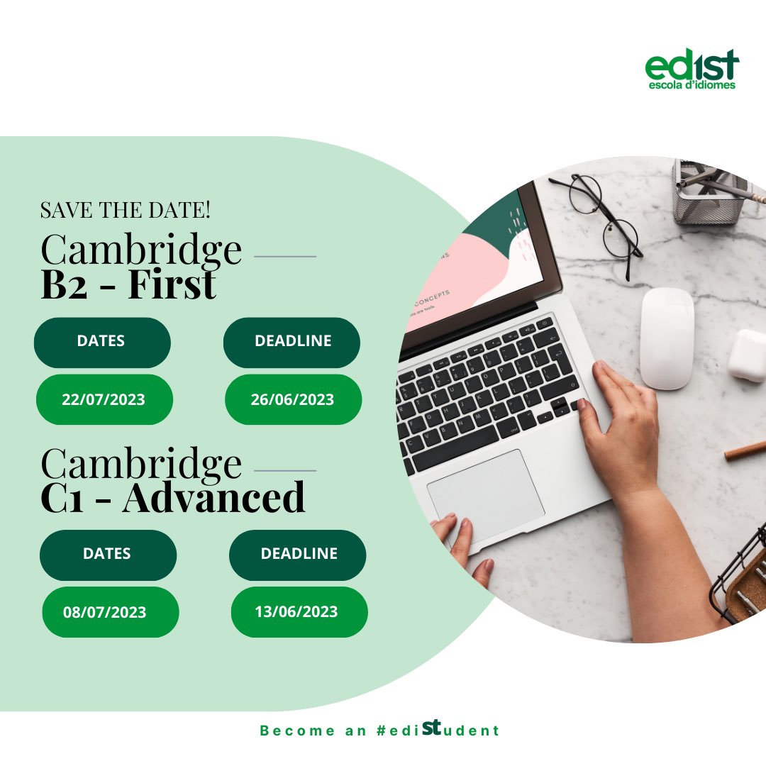 idiomesedist's tweet photo. Recordeu ja teniu les dates disponibles dels exàmens de Cambridge.

📥 Qualsevol dubte ens podeu demanar informació.
#Badalona #Edist #EdistIdiomes
#becomeanedistudent 💚 https://t.co/vjeIE9ZxnK