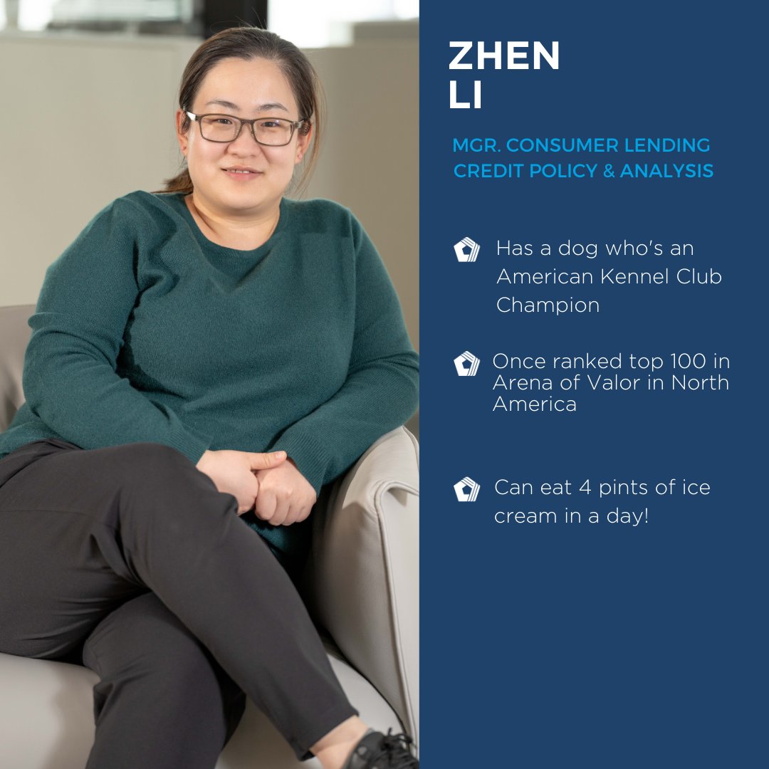 Meet Zhen Li, our Manager of Consumer Lending Credit Policy &amp; Analysis. Zhen loves dogs, gaming, and most of all ice cream. Her favorite flavor is Ben &amp; Jerry's Strawberry Cheesecake. What's your favorite flavor of ice cream? #icecream #arenaofvalor #Gamer