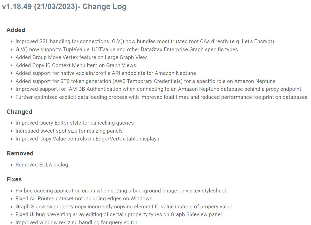 G.V() 1.18.49 is out with lots of improvements, fixes and features. Highlights:
- Seamless support for native Amazon Neptune explain/profile API
- Improved STS Support for Amazon Neptune
- Improved SSL handling
- Improved @Datastax Enterprise Graph Support

Changelog ⬇️

#graphdb