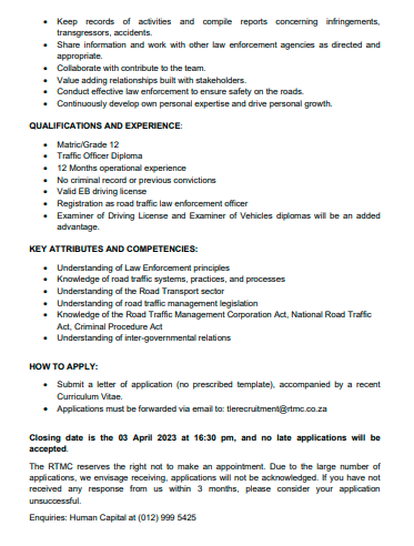 RMakukuli's tweet photo. 📌Road Traffic Management Corporation (RTMC)

- Traffic Officer (Ref No. RTMC/TLE:TO/2023)
https://t.co/YBCY8QYHGb…

• Matric/Grade 12
• Traffic Officer Diploma
• 12 Months operational experience
• No criminal record or previous convictions
• Valid EB driving license https://t.co/wqPchjVkDq
