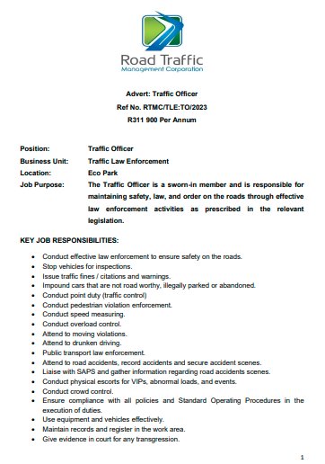 RMakukuli's tweet photo. 📌Road Traffic Management Corporation (RTMC)

- Traffic Officer (Ref No. RTMC/TLE:TO/2023)
https://t.co/YBCY8QYHGb…

• Matric/Grade 12
• Traffic Officer Diploma
• 12 Months operational experience
• No criminal record or previous convictions
• Valid EB driving license https://t.co/wqPchjVkDq