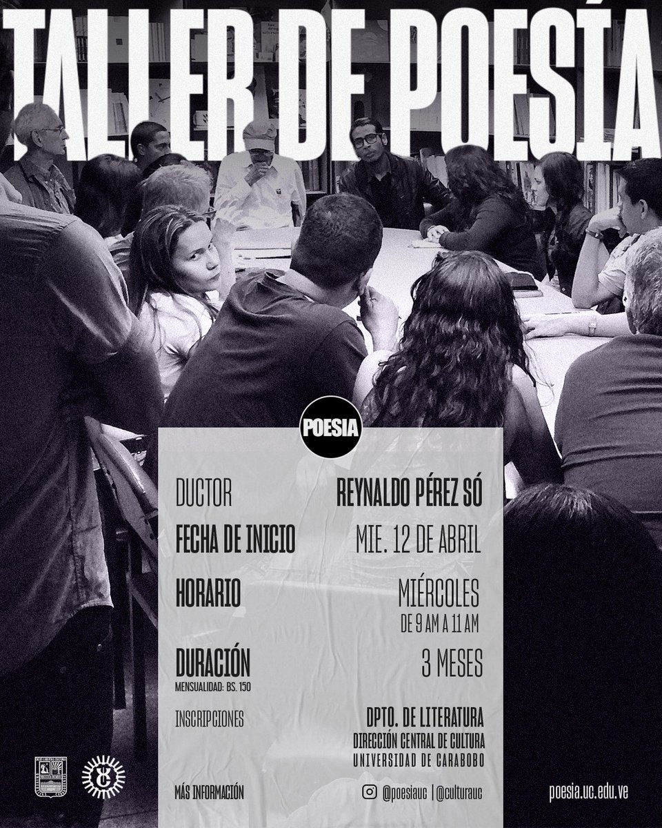 La <a href="/CulturaUC/">Dirección Central de Cultura UC</a>   invita a participar en el Taller de Poesía.
Inicia el miércoles 12 de abril con la presencia del escritor Reynaldo Pérez Só.