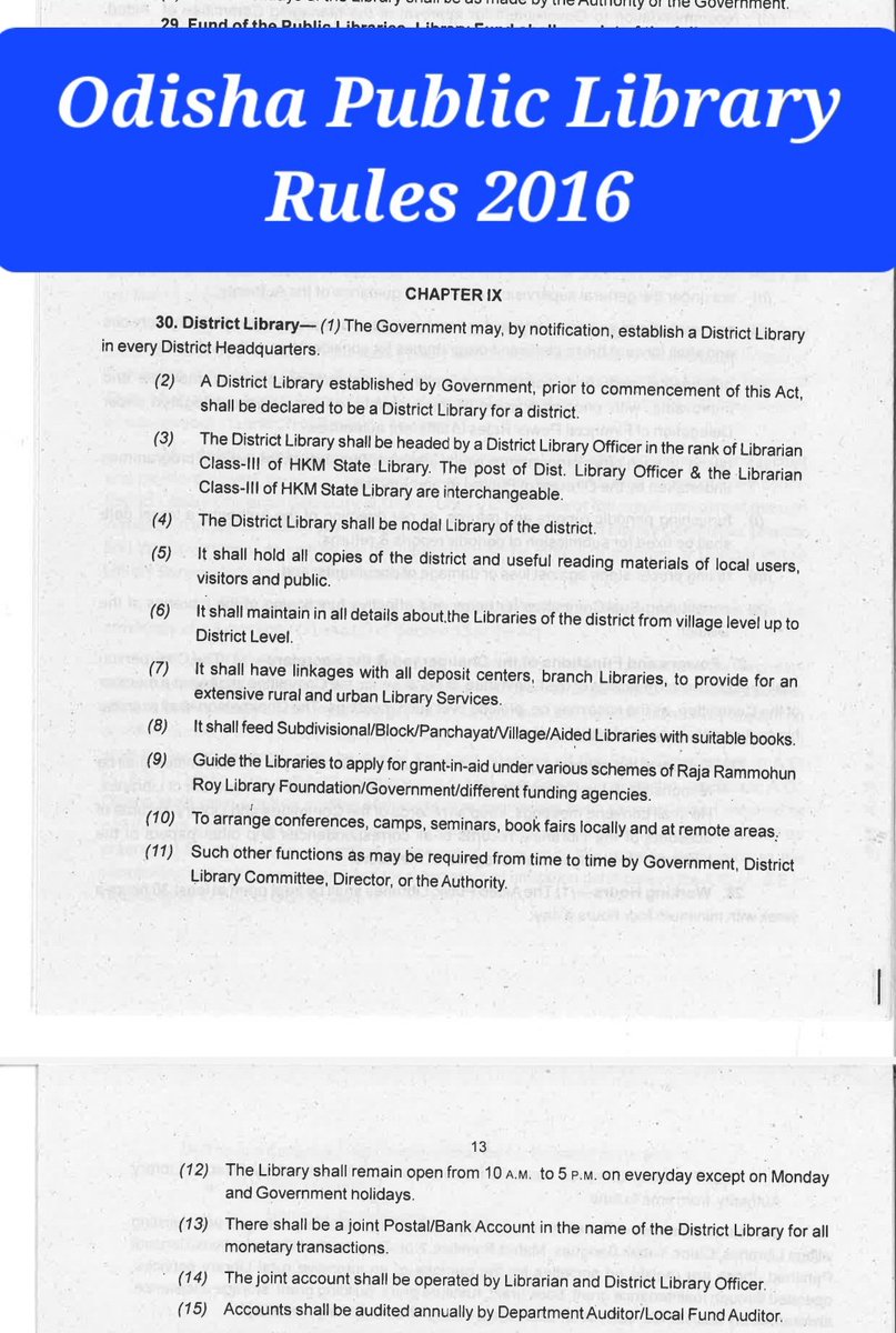 NiraMohapatra's tweet photo. @Lib_Movement_OD #OdishaPublicLibraryRules_2016
(https://t.co/pDEEVoS3bU)
Ch-IX
34. #DistrictLibrary
Hon'ble @CMO_Odisha @Naveen_Odisha @MoSarkar5T @SecyChief @PradeepJenaIAS @Culturedeptt kindly looks forward
#DistrictLibraries @Lib_Movement_OD
#OdishaPublicLibraryVision2024 https://t.co/ch74PdH4IA