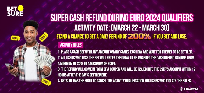 betsureuganda's tweet photo. Get rewarded when you lose any of your bets on the Euro 2024 qualifiers. Place a cash bet of any amount on the matches and wait for it to be settled. If you lose, you will enter the draw to be awarded a cash refund of between 20% and 200%. Play👉https://t.co/nGGnRkGNUi. https://t.co/NvNaaQ7tKx