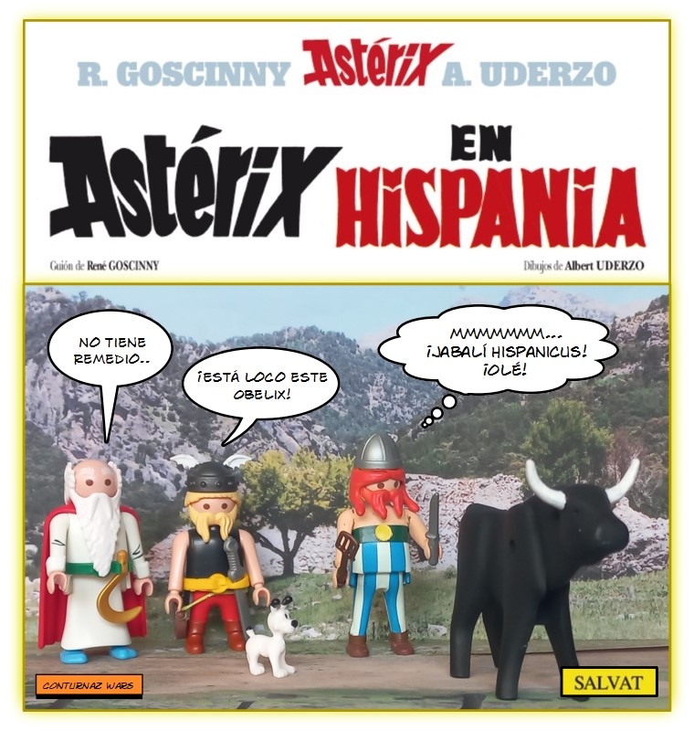 Conturnaz's tweet photo. ¡Por Tutatis! 
Aunque a René Goscinny y Albert Uderzo no les gustaba comerlos, durante los 38 primeros álbumes, Obélix devora él solo 104 jabalíes.

#Playmobil #Asterix #Obelix #Panoramix #ideafix #jabali #Hispania #Comic #Goscinny #Uderzo https://t.co/KWmwHsayvr
