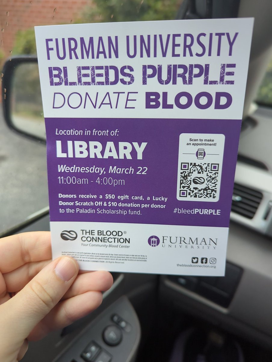 megsmith84's tweet photo. #bleedPURPLE today in support of your @FurmanPaladins and our partner @BloodConnection and take advantage of some great donor incentives! https://t.co/eVyYKtdGdD https://t.co/LuIDhH3wKN