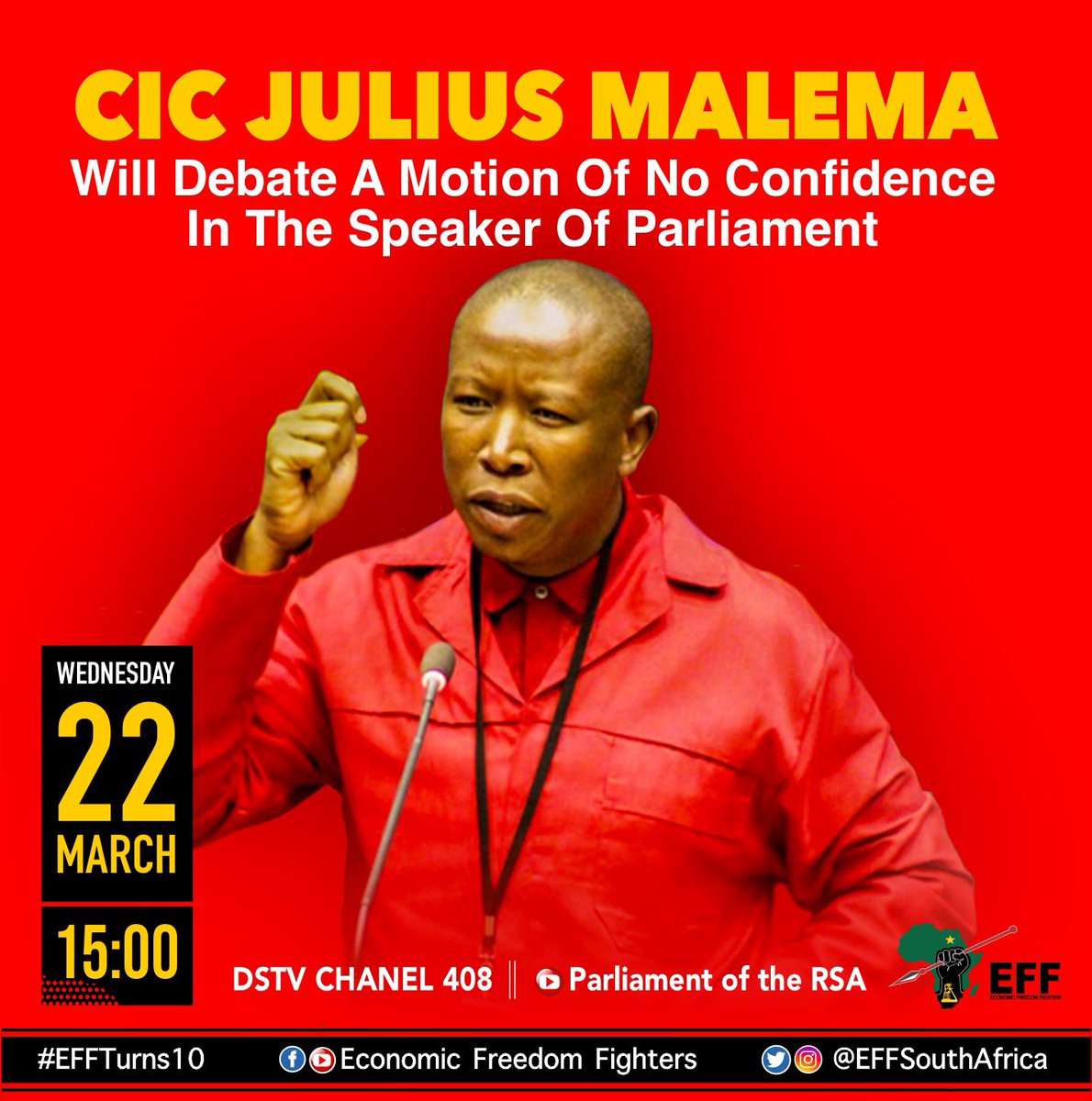 ♦️Happening Today♦️

The CIC Pres @Julius_S_Malema Will be Debating A Motion Of No Confidence In The Speaker Of Parliament Today at 15h00PM

Catch it live on DSTV Channel 408 

#EFFInParliament