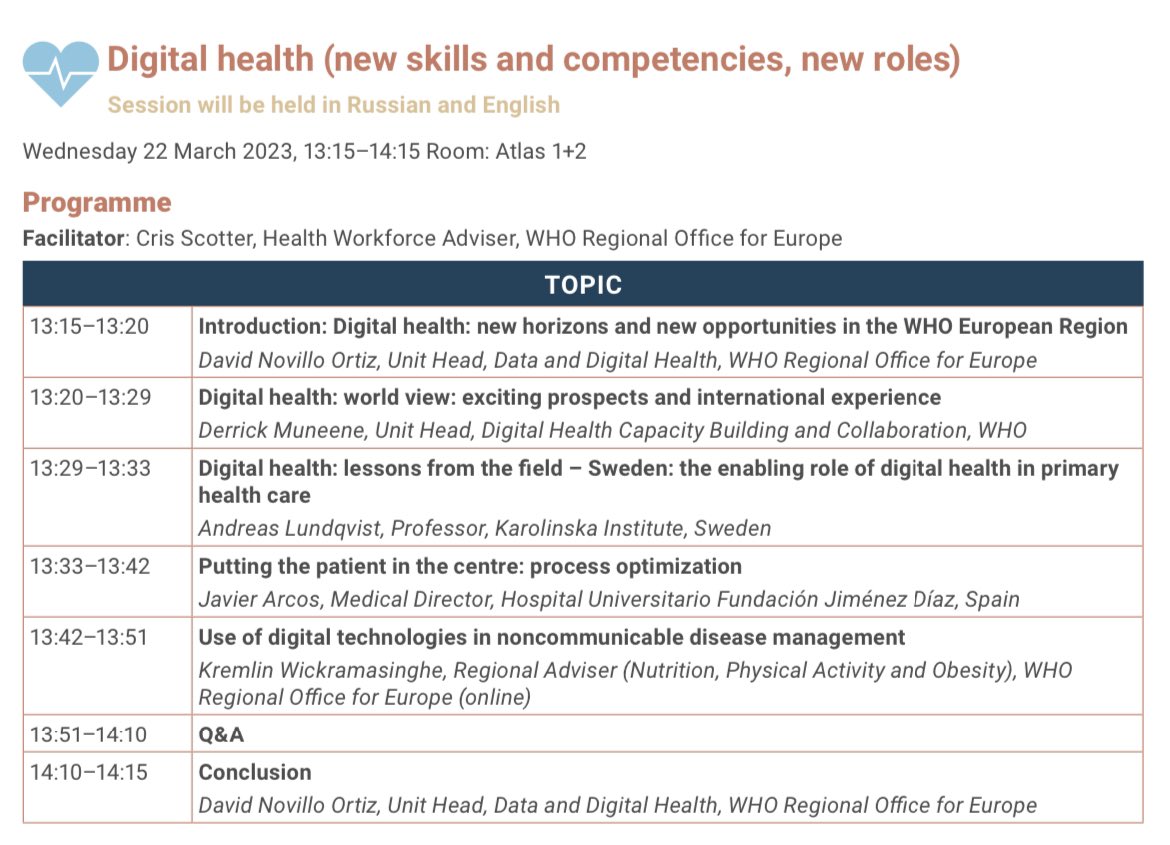 It has been and honour to participate with @miljana_grbic, @davidnovillo, D.Muneene, A.Lundqvist, J.Williams & O.Zhiteneva in such an interesting session about #DigitalHealth, #NewSkills, #NewRoles at @WHO_Europe #TimeToAct2023.
Thx @TomasZapata111.
Let’s move. It’s time to act!