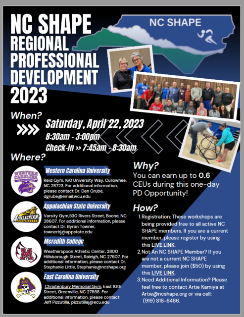 Awesome PD opportunities coming up in NC on April 22nd.  Sign up at one of our regional sites and receive .6 CEU's toward your renewal cycle.  <a href="/NCSHAPE/">NCSHAPE</a> <a href="/CoachVedder_HPE/">Jenn Vedder</a> <a href="/KymmBallard/">Dr. Kymm Ballard</a> <a href="/arom07/">Jake Claver, QFOP</a> <a href="/coachwalk/">chris walker</a> <a href="/OPENPhysEd/">OPEN Phys Ed</a> <a href="/ncpe4life/">Charla T Krahnke</a> <a href="/ArtieKamiya/">Physical Education</a> <a href="/DanielBayer05/">Daniel Bayer</a>