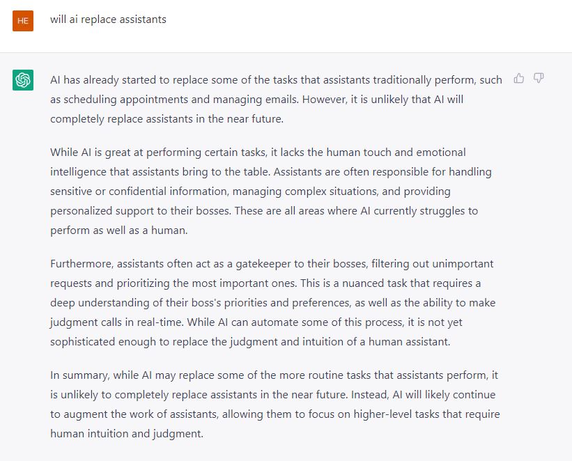 BakerThompsonAL's tweet photo. Here is ChatGPT's response to my question "Will AI replace Assistants?"
#PA #EA #MyCareerOfChoice #ReinforcePositivePerceptions #EmotionallyIntelligentLeader #TheCareerBehindTheJob #KnowYourManagersObjectives https://t.co/nWrrAFUyr1