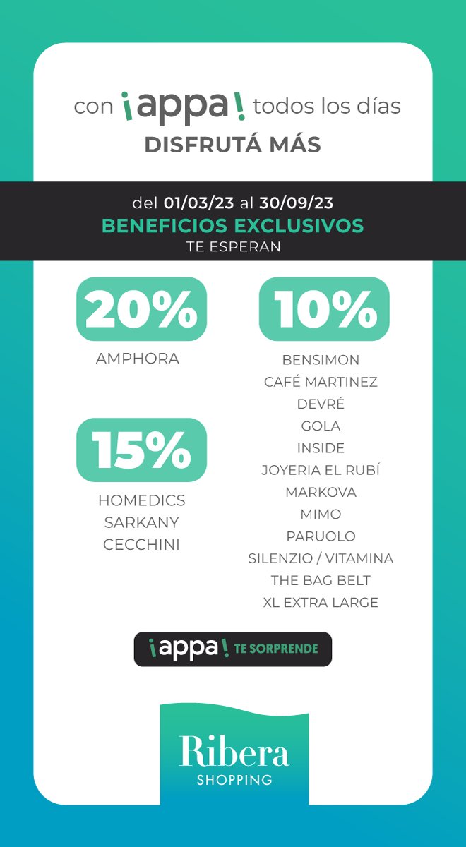 RiberaShopping's tweet photo. Con ¡appa! todos los días son para disfrutar 💯 🥰  🛍

¡Te esperamos con #beneficios exclusivos! 🤘 https://t.co/5bMmVrtmx6