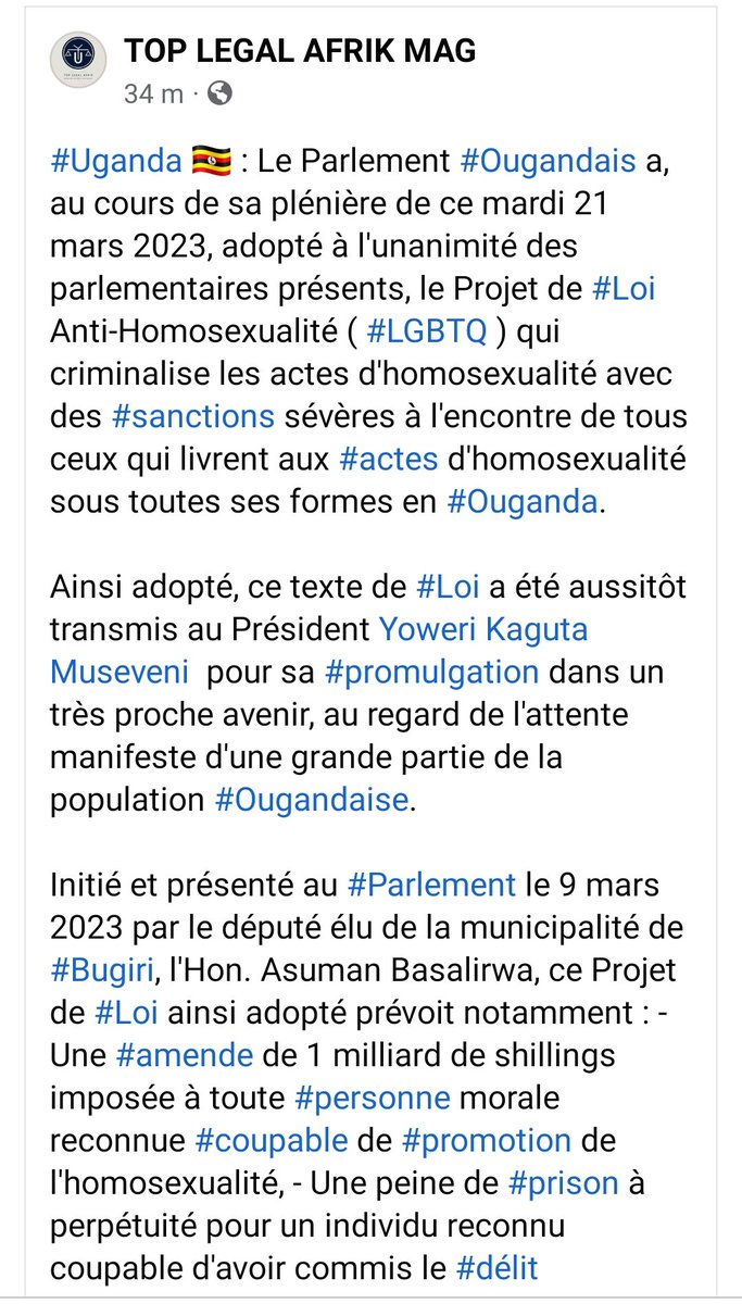 LegalMag's tweet photo. #Uganda 🇺🇬 : Le Parlement a adopté ce mardi 21 mars 2023 à l'unanimité, le Projet de loi Anti-Homosexualité (#LGBTQ) qui prévoit des sanctions sévères à l'encontre de tous ceux qui se livrent aux actes d'homosexualité. Le texte est transmis à @KagutaMuseveni pour promulgation. https://t.co/FKLzoaEOjG