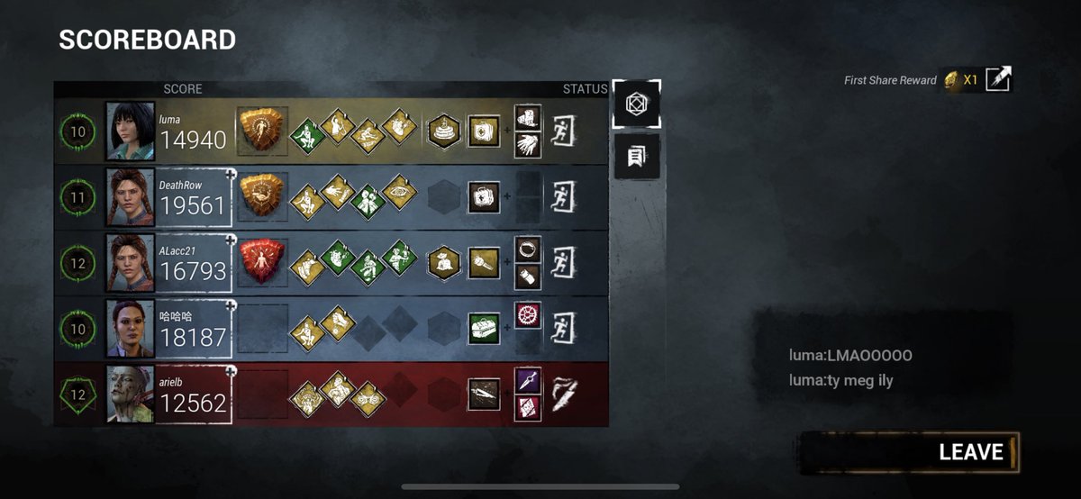 love4elodie's tweet photo. i just had the best dbd mobile game ever. trickster bmed me and made me hit second stage then tried tunneling me. meg flashlight saved me then adrenaline came and i escaped #boom #fawkyou https://t.co/7NraWptPEf