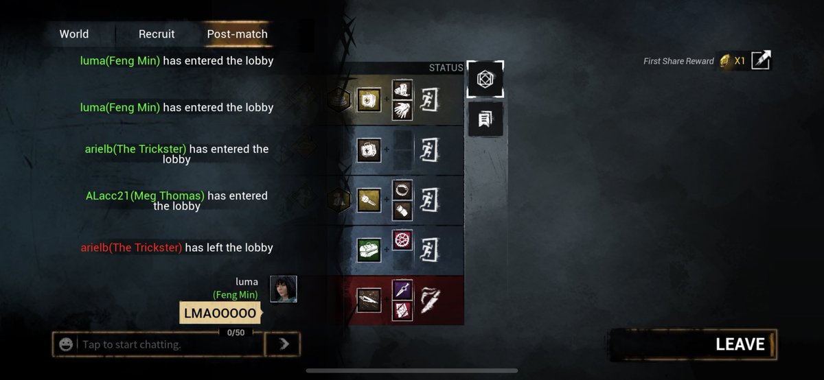 love4elodie's tweet photo. i just had the best dbd mobile game ever. trickster bmed me and made me hit second stage then tried tunneling me. meg flashlight saved me then adrenaline came and i escaped #boom #fawkyou https://t.co/7NraWptPEf