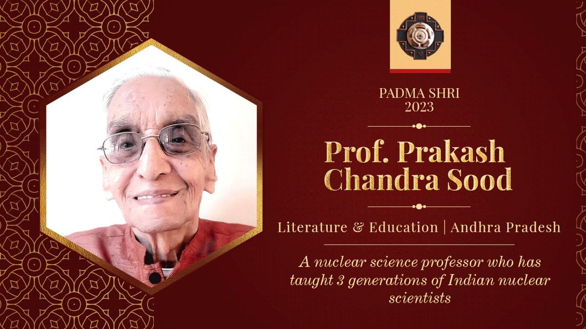 mygovindia's tweet photo. Prof. Prakash Chandra Sood is a nuclear science professor who has taught 3 generations of nuclear Indian scientists. He has been awarded the Padma Shri 2023 for his contributions to the field of Literature &amp; Education. 

#PeoplesPadma 
#PadmaAwards2023 https://t.co/mnEMHQTKzo