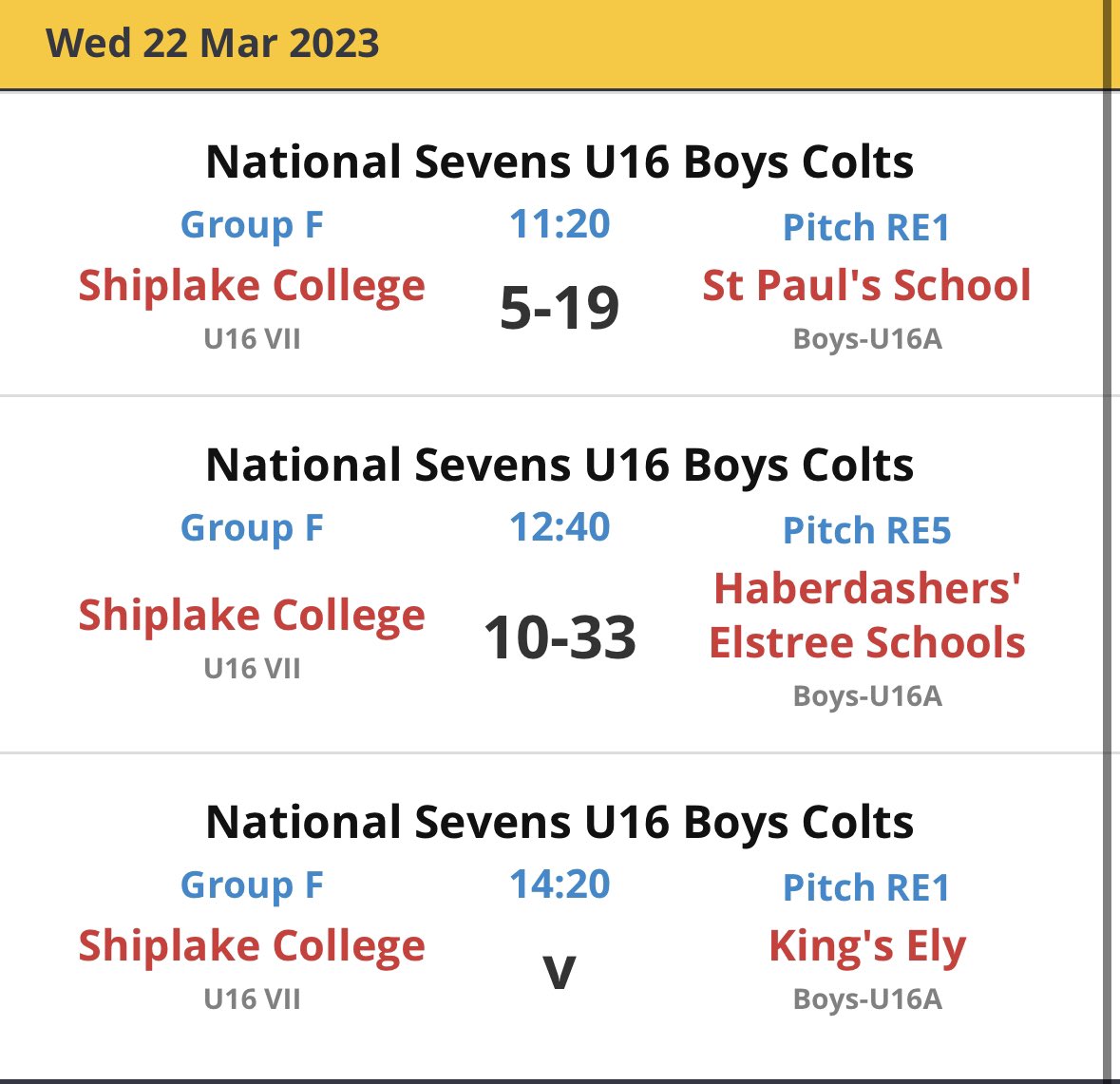 Rugby | Shiplake College (@shiplakerugby) on Twitter photo Tough match 2 v <a href="/habsboys/">Haberdashers' Boys' School</a> losing 10-33. Final game on RE1 at 14:20 v <a href="/kings_ely_sport/">King's Ely Sport</a> Tough match 2 v <a href="/habsboys/">Haberdashers' Boys' School</a> losing 10-33. Final game on RE1 at 14:20 v <a href="/kings_ely_sport/">King's Ely Sport</a>