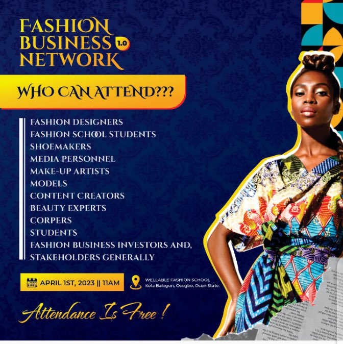 segunfadairo's tweet photo. For the Business & Fashion Network on Saturday, 1st of April.
Olomu Tolulope Michael will be the anchor, who will give us a smooth ride through the sessions.
He is an entertainer and 
the organiser of the prestigious annual indigenous award B.I.P.A, Feed The Needy (a charity outreach for less privileges), he's also the brain behind Beach la'fete, a yearly beach vacation.
Where else would you rather be?
29 Sule Adebayo Street,
Kola Balogun, Osogbo.
Time: 11AM.
#fashionbusinessnetwork
#wellablefashionschool
#classudoempire