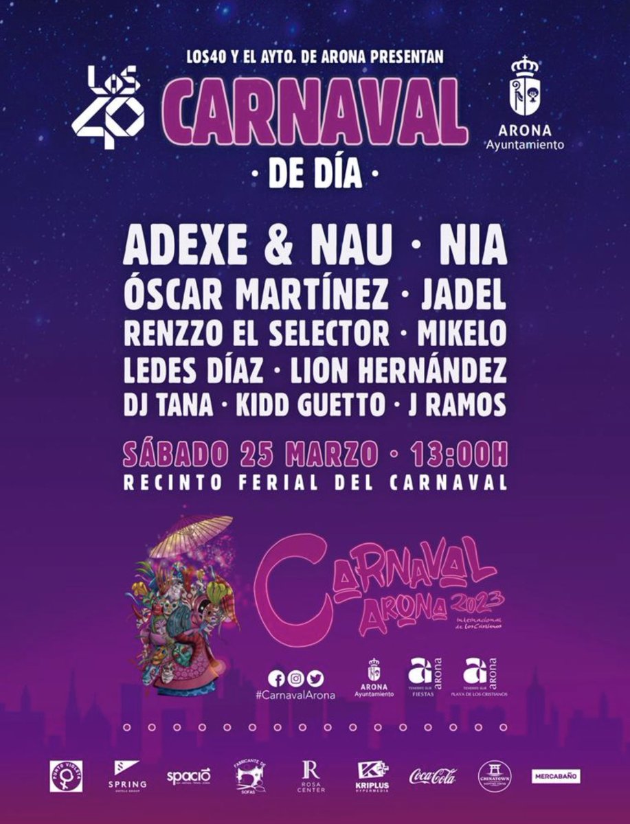 LOS40 Canarias (@los40_canarias) on Twitter photo ¿Ganas de más Carnaval? ¡Estás de suerte! El sábado 25 de marzo nos vamos a Los Cristianos para disfrutar de su Carnaval Internacional al ritmo de LOS40! ¿Nos vemos? 😉
<a href="/AytoArona/">Ayuntamiento Arona</a>
#CarnavalArona ¿Ganas de más Carnaval? ¡Estás de suerte! El sábado 25 de marzo nos vamos a Los Cristianos para disfrutar de su Carnaval Internacional al ritmo de LOS40! ¿Nos vemos? 😉
<a href="/AytoArona/">Ayuntamiento Arona</a>
#CarnavalArona