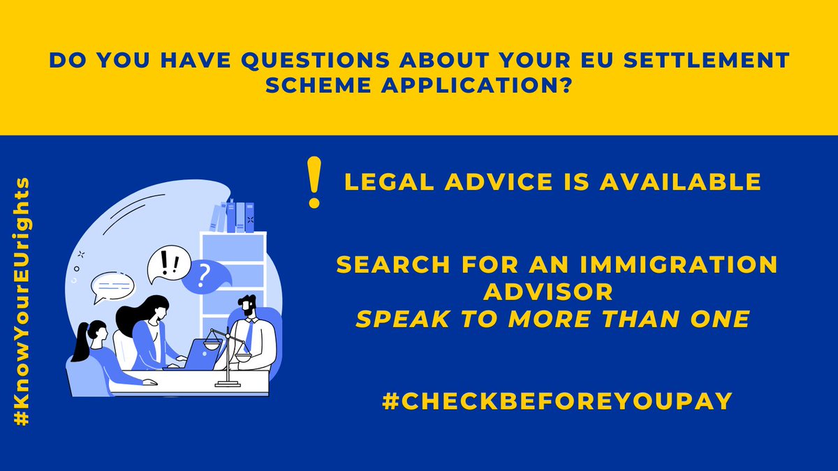 EUdelegationUK's tweet photo. ❓ If you have questions about your EU Settlement Scheme application, legal advice is available.
Before you pay for legal advice, it is a good idea to speak to more than 1 immigration company to check what assistance they can provide & the costs for that help. #checkbeforeyoupay https://t.co/Y8nG2IKu6B