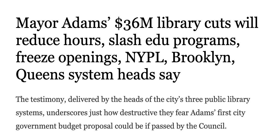 ScottHech's tweet photo. Do not forget this. NYC Mayor Eric Adams is still fighting to gut NYC public libraries &amp; public schools  while the NYPD just blew past their allotted budget by $100 million in overtime alone. $100 million would fund the library &amp; school cuts with tens of millions  to spare. https://t.co/4xdQE8muNp