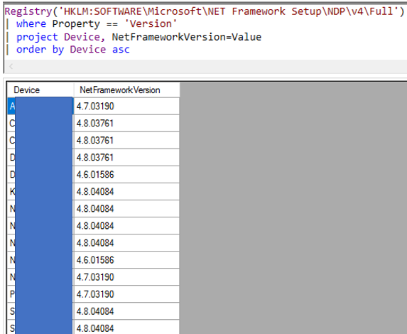 panusaukko's tweet photo. #ConfigMgr #CMPivot query to find the installed .NET Framework version.
Registry('HKLM:SOFTWARE\Microsoft\NET Framework Setup\NDP\v4\Full')
| where Property == 'Version'
| project Device, NetFrameworkVersion=Value
| order by Device asc https://t.co/Gv3dwkyrDN