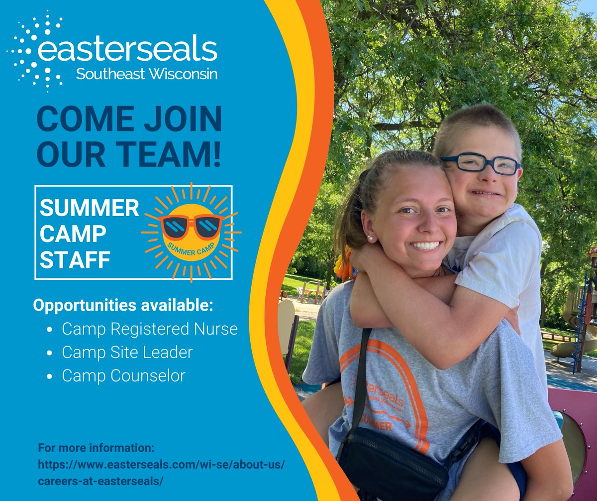 Make your summer plans now! Join us for all the fun at our Wil-O-Way Summer Respite Camp! 
🌞For more information on all positions available, visit our website: easterseals.com/wi-se/about-us…

#WorkWithUsWednesday #joinourteam #summerjob #funjobs