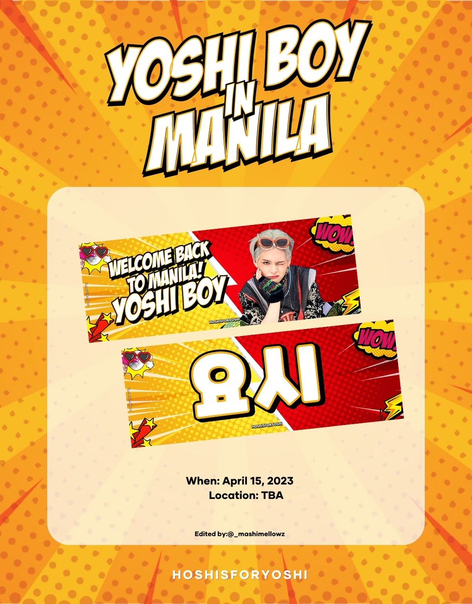 YOSHI BOY in MANILA ⚡

~ As a support to Yoshi, we will be handing out hand banners April 15, 2023. LIMITED QUANTITY ONLY! 

Reserve yours by donating Php15.00 on our donation drive.  😉😺

🔗 tinyurl.com/BOYOSHI

#요시 #트레저요시 #YOSHI 
#TREASURE #트레저