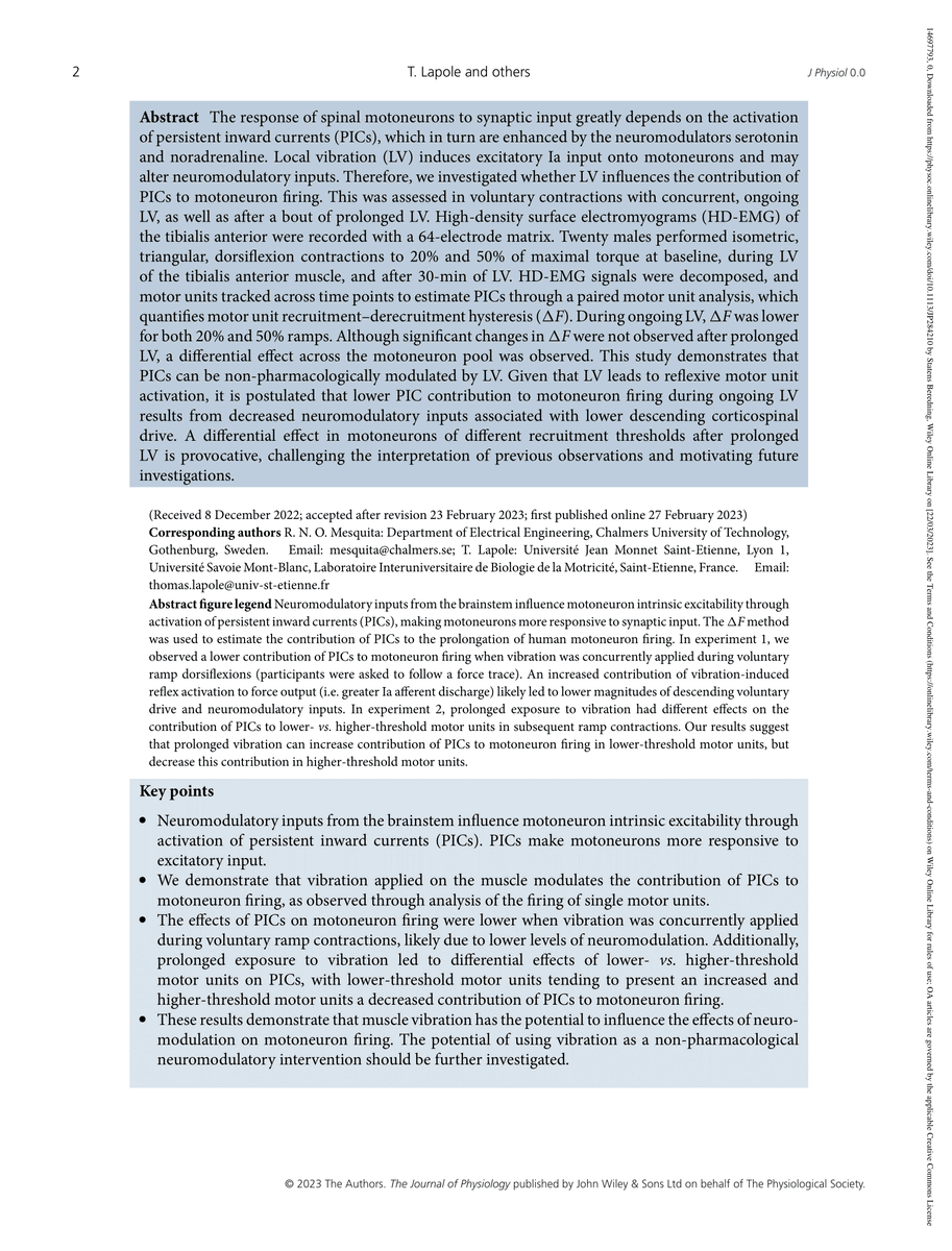 ricardoNOmesqui's tweet photo. 📖Early View of our #OpenAccess paper now available in @JPhysiol
Can local vibration alter the contribution of persistent inward currents to human motoneuron firing?
https://t.co/iNOqEBAzjU
#Vibration #Motoneuron #Neuromodulation #EMGdecomposition #MotorUnits https://t.co/6GDvKQPRh0