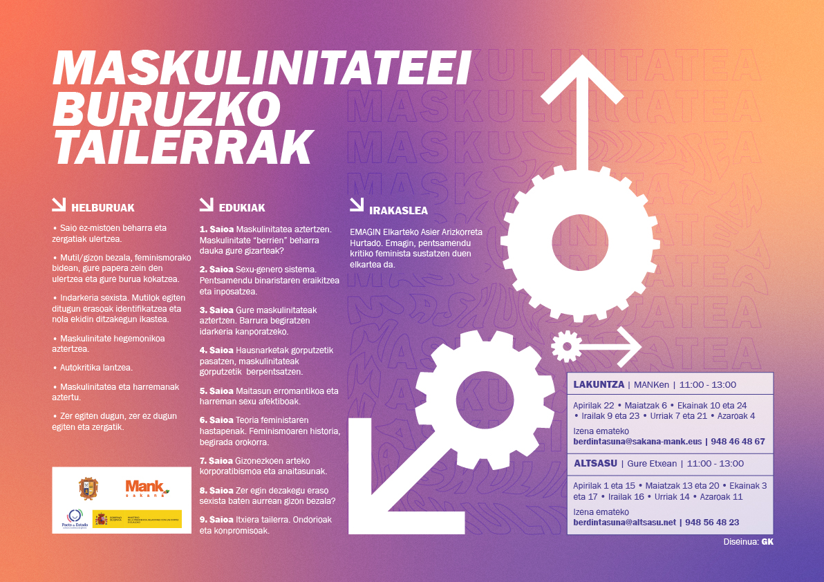 MASKULINITATEEI BURUZKO TAILERRAK
➡️Zer da maskulinitate hegemonikoa?
➡️Zein da gizonen papera feminismoan?
➡️Nola ekidin eraso sexistak?

📆Apirilaren 22tik azaroaren 4ra. Guztira 9 saio
⏰11:00-13:00
📍 Lakuntzan (Mank)
🖍️Izena emateko: 
berdintasuna@sakana-mank.eus